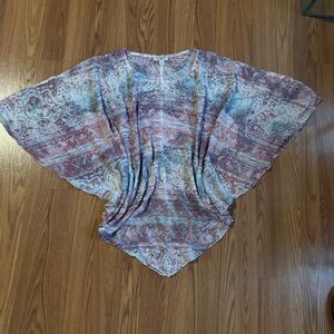 Oneworld‎ Women's Multicolor Embellished Poncho Top Beach Coverup Bohemian Fairy